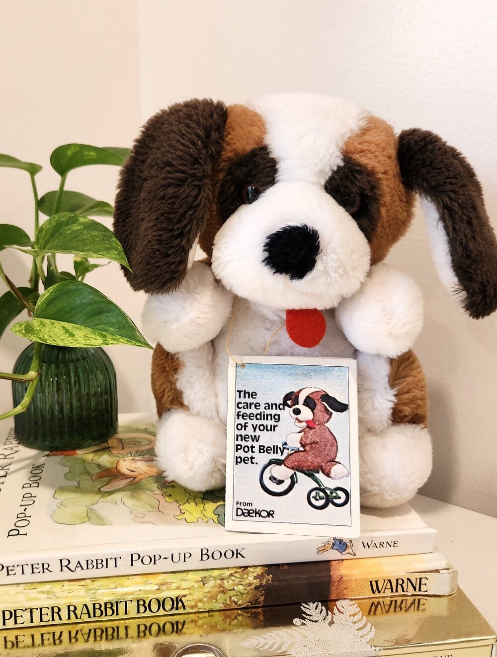 1981 Daekor Pot Belly with Care Booklet 9in St. Bernard Puppy Dog Plush Stuffed